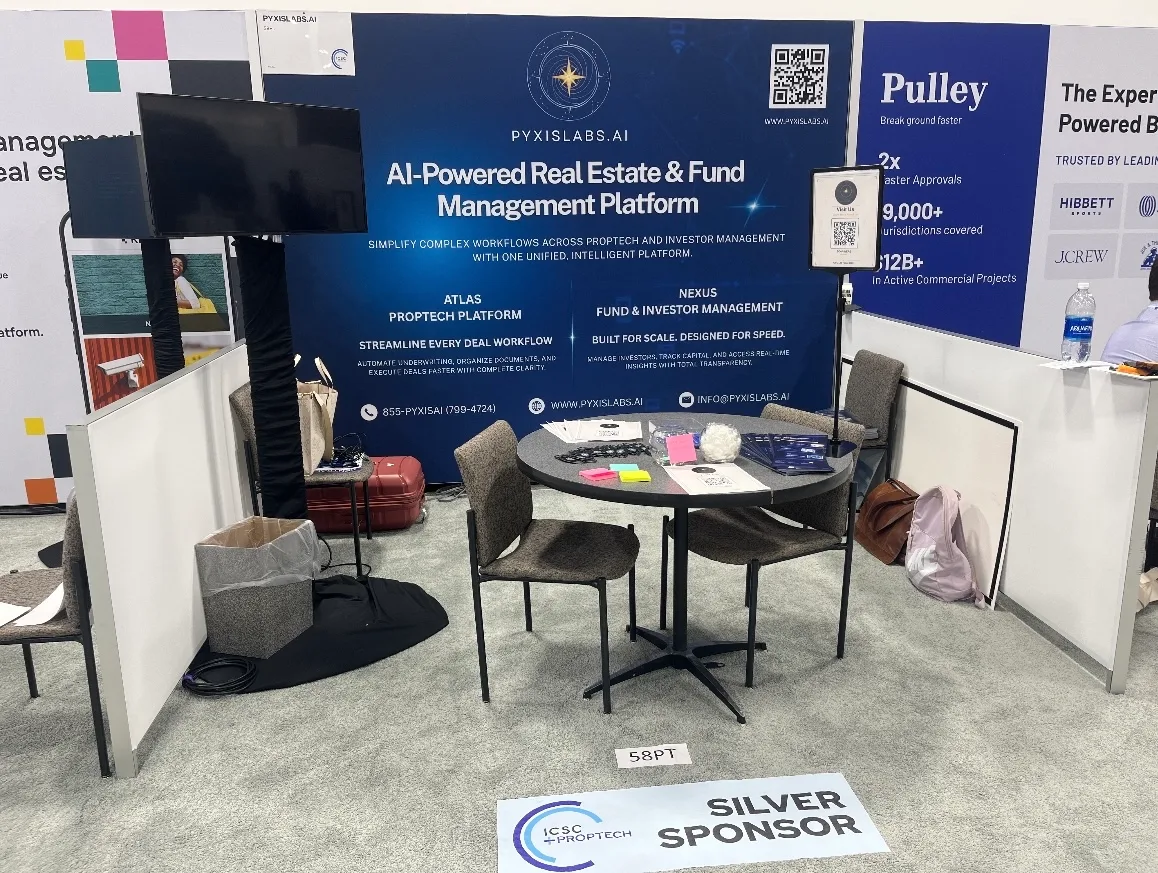 Pyxis Labs Booth #58PT in the ICSC+PROPTECH zone, with the Silver Sponsor floor decal
