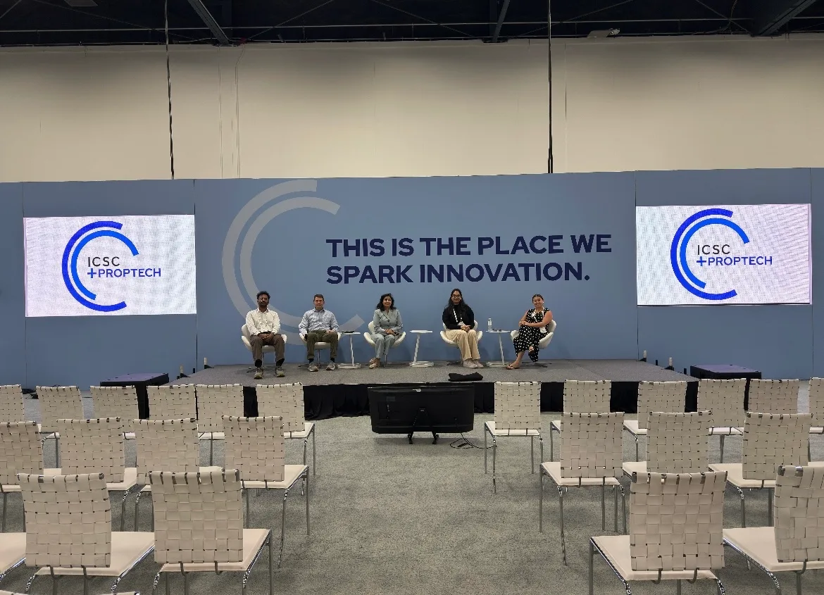 Panelists on the ICSC+PROPTECH stage — This Is the Place We Spark Innovation